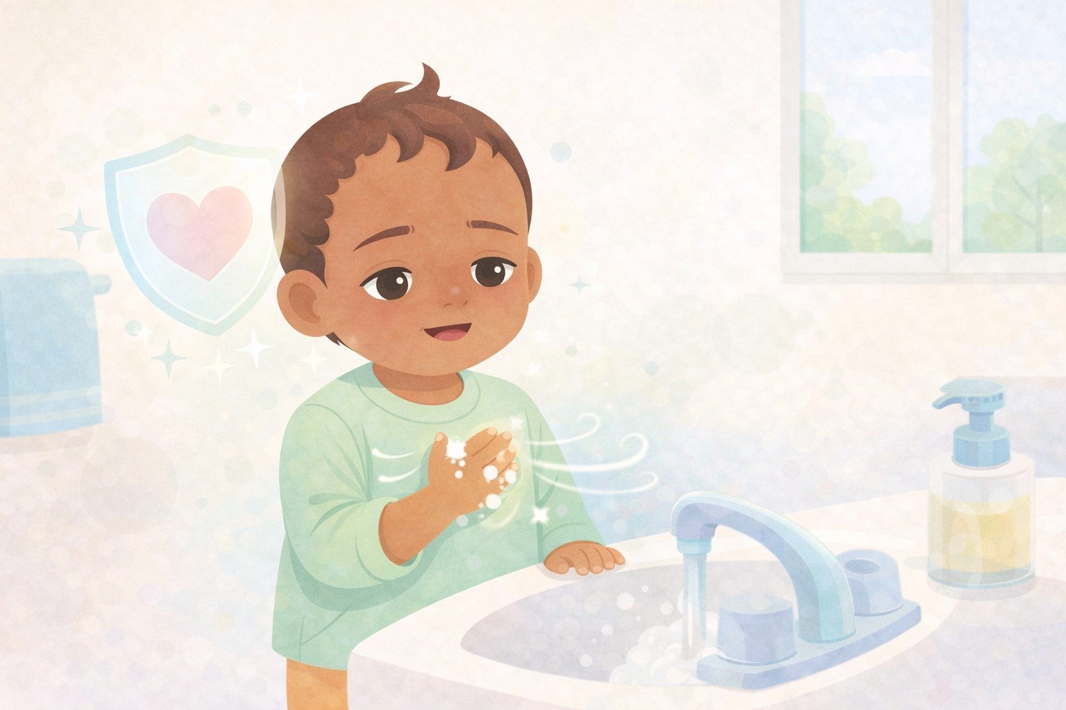 Young child washing hands at a sink with soap and water, illustrating proper hygiene practices