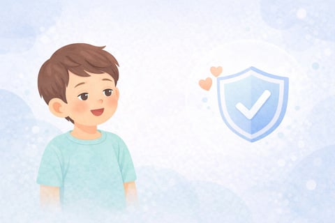 Smiling boy in light blue shirt with checkmark shield and hearts on soft blue background
