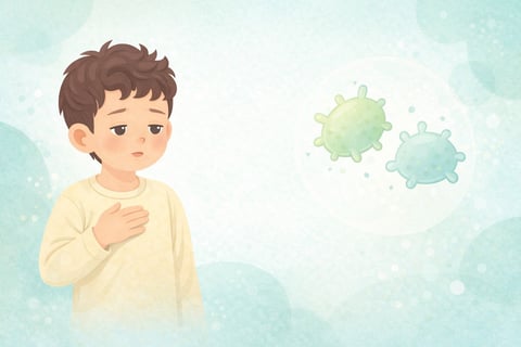 Child in yellow shirt touching chest with concerned expression, with virus particles illustrated on pale blue background