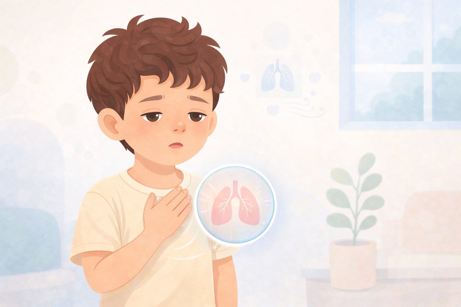 Young boy in cream shirt holding his chest with a circular magnified view of lungs showing respiratory concerns, in a bright room with a plant