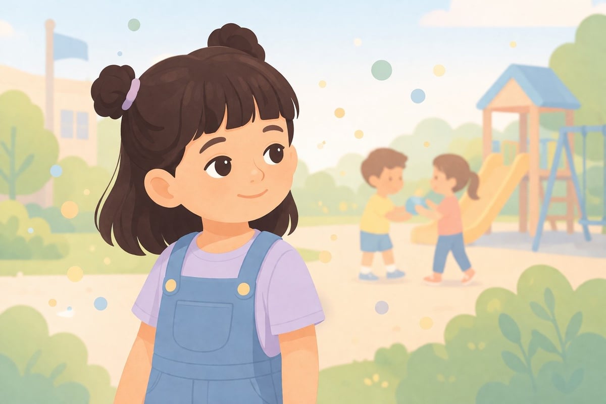 Young girl with brown hair in buns wearing blue overalls at a sunny playground with children and play equipment in background