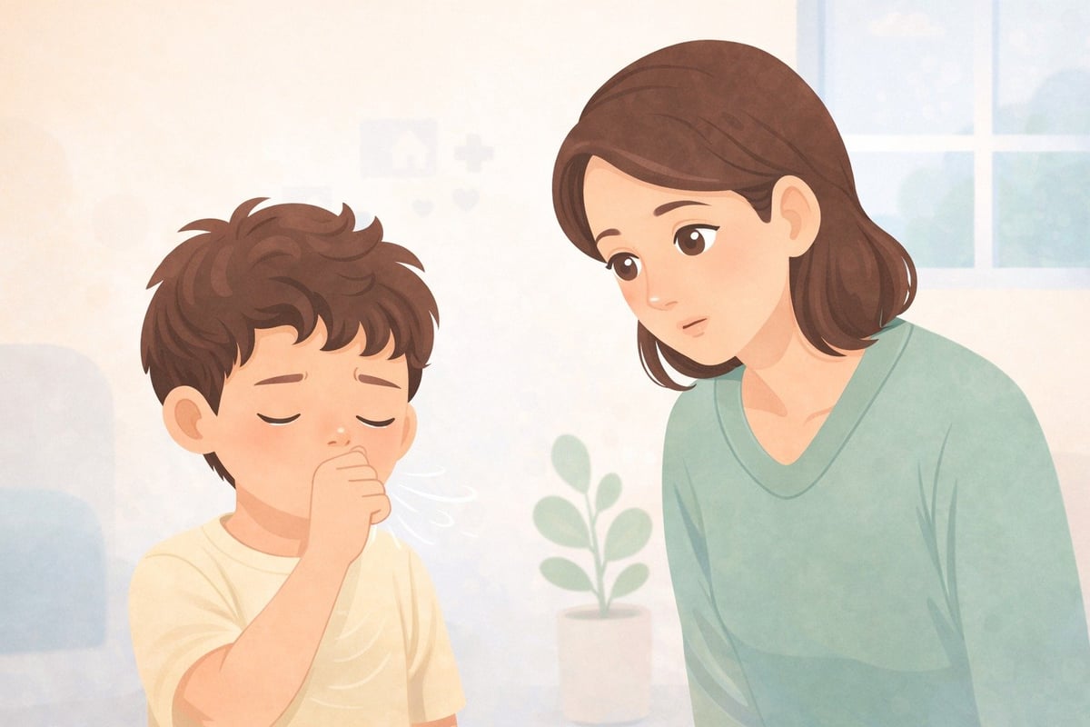 An illustration of a woman speaking to a young boy who appears sick, coughing into his hand, in a bright indoor setting