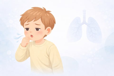 Illustration of a child coughing with hand to mouth, with transparent lungs shown in the background, depicting illness or respiratory symptoms