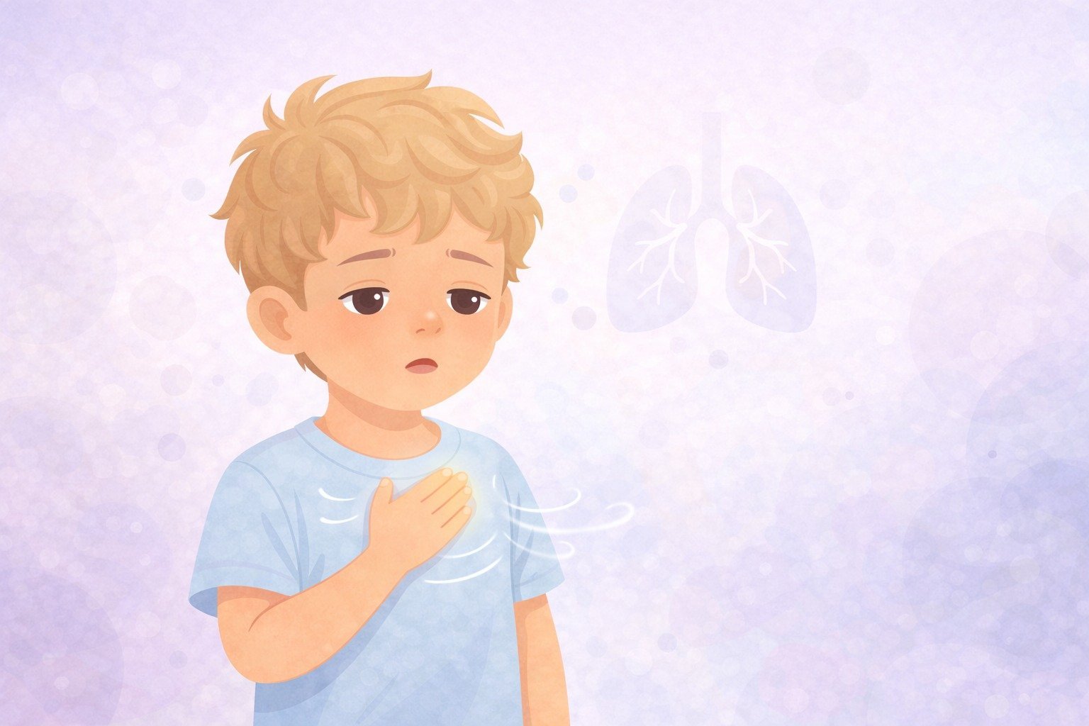 Young boy with blonde hair in light blue shirt holding his chest, appearing unwell or experiencing breathing difficulty