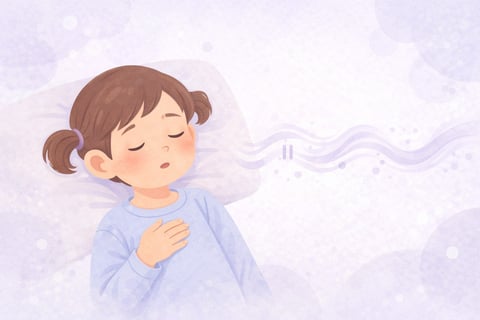 Illustration of a young girl with brown hair in pigtails wearing a blue shirt, coughing with her hand on her chest against a light purple background