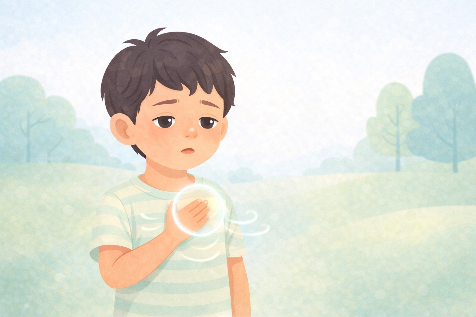 Young boy in striped shirt standing in a misty park, clutching his arm with a sad or uncomfortable expression