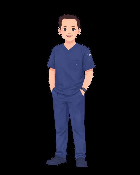 Illustration of a male healthcare worker wearing blue scrubs and standing with hands in pockets against a black background