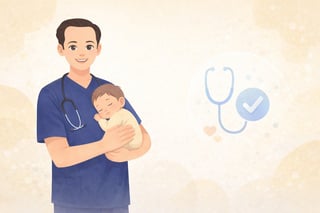 Male doctor in blue scrubs holding a baby with a stethoscope and medical checkmark icon in background