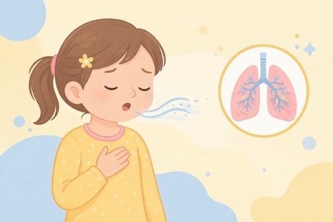 Child coughing with hand on chest, lungs diagram displayed in circle beside her on soft pastel background